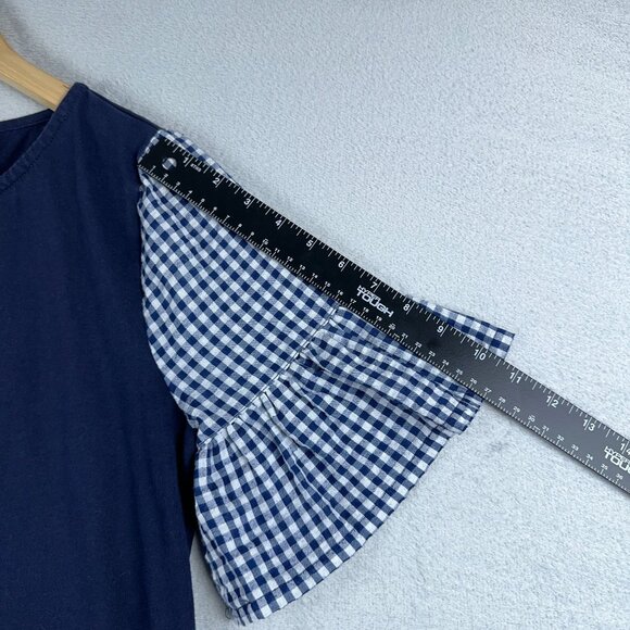 J. Crew Women's Shift Mini Dress Gingham Print Bell Sleeve Back Zip Navy Size M - Picture 11 of 14